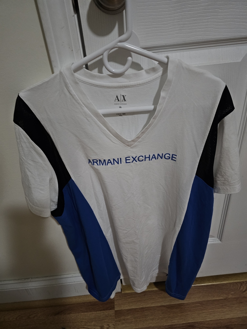 Armani Exchange White & Blue Logo V-Neck Tee